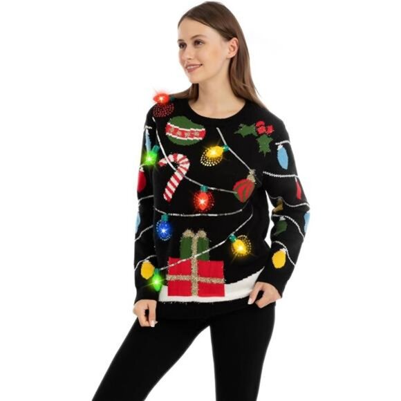 Womens LED Light Up String Light Ugly Christmas Sweater with Light Bulb Pullover - Picture 2 of 7
